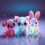 Placeholder: Adorable colored translucent 3D trio — a small dog, a cat, and a rabbit — in cute chibi proportions, made of glowing jelly-like glass material, soft pastel and neon color gradients, big expressive eyes, sparkles and light particles floating around them. Playful studio lighting, soft shadows on a reflective surface, Pixar-style render, cinema 4D, redshift, ultra-detailed, 4k.