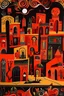 Placeholder: A dark red elastic vampiric city designed in ancient Greek pottery painted by Stuart Davis