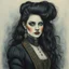 Placeholder: create a 3/4 profile, full body oil pastel of a dark haired, savage, ornately dressed, gothpunk vampire girl with highly detailed , sharply defined hair and facial features , in a foggy 19th century Moscow, in the style of JEAN-FRANCOIS MILLET and MARY CASSATT