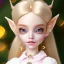 Placeholder: close up on elf as dollie deluxe, bright eyes, post card, toy train, two big front teeth, skin imperfection, worn skin, white teeth