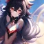 Placeholder: Clear focus,High resolution, black short fluffy hair, long fluffy bangs, and red eyes, Depressed girl, wearing a genshin impact outfit,slight revealing outfit, Smug smile, half closed eyes, smile, full body, Extreme close up, smiling, eyes close