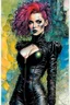 Placeholder: Create and fine print portrait of an epic science fiction fantasy Gothpunk Girl , with finely lined and detailed facial features, in a ragged leather dress, fishnet stockings ,battered combat boots, in the style of Bill Sienkiewicz, Philippe Druillet, and Jean Giraud Moebius, precisely drawn, colored and inked