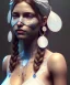 Placeholder: Gipsy, beautiful, curvy body, white fabric dress, beautiful long hair, bandana covering head, long earings, head and shoulders portrait, holding tarot card, 8k resolution concept art portrait by Greg Rutkowski, Unreal Engine 5 volumetric lighting