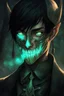 Placeholder: fantasy art, young male, half-elf, noble, half skull mask, pale skin color, cemetery background