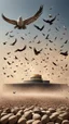 Placeholder: Many birds in the sky, flying above the Kaaba, carrying stones in their legs, around them is desert