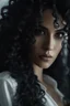 Placeholder: Close up of a beautiful woman with long curly black hair looking at a mirror but her reflection in the mirror is a dark demon with intense scary eyes. Super realistic, 8k high quality