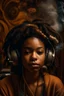 Placeholder: earthy black young woman listening to music with headphones, soul, peace, majestic, earthy colours, at peace, happy, incense, jewels, bands, natural, old school headphones, low siren eyes, incense, almond eyes, no eyelid wrinkles, darker skin tone