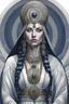 Placeholder: A breathtaking, epic, panoramic view: Full body portrait of a Nordic Bronze Age Priestess :: white, dark blue :: magnificent priestess, dramatic, 8K, airbrush art, pencil sketch, hyperdetailed, natural colors, intricate, award winning, crisp quality