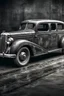 Placeholder: An old classic car 1900 a full side view , Hyper Realistic Aerial Grungy Dark-Grey Brush strokes on a dark rustic background with charcoals