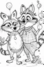 Placeholder: HAPPY NEW YEAR CELEBRATION coloring page for kids,Raccoon couple dances with balloons, thick outline, low details, no shading, no color