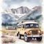 Placeholder: watercolor style painting of a camper jeep side view, mountains, beautiful scenery.