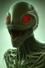 Placeholder: green alien, head, evil, red eyes, big silver teeth, weapons, blood, 8k, finely detailed, photo realistic, HR Giger style