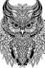 Placeholder: Create a [portrait] of an owl pattern for a coloring page. The design should feature intricate details, focusing on a [black and white] color scheme. full large cleaned, Imagine a [panoramic] shot highlighting the [feathers, eyes, wings] using [ 135mm ] lenses on a [Canon EOS R6 Mark II]. Aim for [photorealistic] rendering with [ 64K] resolution to ensure [maximum detail], Incorporate [hyper-detailed],full image,line art, full white background, thick outlines,no noise,crisp