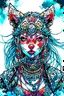 Placeholder: front facing watercolor portrait illustration of a gothpunk armored female kitsune vampire mercenary , beaded dreadlock hair, wearing an ancient ornate japanese kitsune mask , and shemagh, highly detailed with gritty post apocalyptic textures, caught in a cosmic maelstrom of swirling gases , finely detailed facial features and hair, in the graphic novel style of Bill Sienkiewicz, and Jean Giraud Moebius, ink wash and watercolor with realistic light and shadow