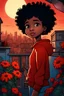 Placeholder: A beautiful young cartoon girl named Sally with black afro hair, blues eyes that are expressive and filled with curiosity, sitting in class facing the teacher other cute kids inside the classroom