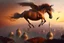 Placeholder: Ultra realistic vibrant half-human, half-horse creature (Centaur) flying after a dynamic jump in the sky before a Bird's-eye view of Istanbul at sunset, with Hagia Sofia visible, in the twilight, and fog and mist rolling in between the houses. Pastel brown and orange colors, sepia very attractive fantastic view