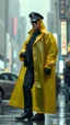 Placeholder: retro futurist, nypd full body color 1920 black policeman wtih heavy yellow rain transparent coat