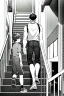 Placeholder: a boy in shorts sleeveless shirt climbs the stairs, greyscale