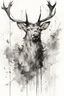 Placeholder: black and white sketch of a stag, ink drawing, woodland, white background, drawing by Carne Griffiths