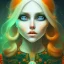 Placeholder: fantasy setting, woman, orange and white hair, green eyes, wavy hair, freckles