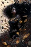 Placeholder: abstract creation of a beautiful girl with black curly hair, surrounded by black roses, thick metal chain broken, glass petals on the ground, autumn colours,dried out thorn bush, chaos,