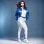 Placeholder: liminal space, blue and white, retrofuturism, empty stage,full body of very beautiful girl with pants and blouse and jacket , curvy hair ,standing idle pose in studio pretty makeup,perfect face,sport shoes