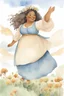 Placeholder: Beatrix Potter style watercolor full body, whole body, Vintage watercolor cartoon pixar style, a fat beautiful chubby black woman with curly long hair, ,tan skin tone, happy face, looking at sky, wind in hair, arms raised, a simple minimal art using Boho style, tale of fairy, realistic and detailed hair, not laminated, Disney movie m close-up of a cartoon character, cute detailed digital art, digital painting, girl portrait, high quality 8k detailed art, loish and wlop, Guweiz st