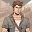 Placeholder: Portrait, male character with brown hair, t-shirt comic book illustration looking straight ahead, post apocalypse