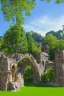 Placeholder: medieval gothic house built into rocks, lake, trees, arches, balconies, bridges, verandas, foliage, sunny blue sky