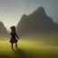 Placeholder: thick oil paint of a tiny little girl with long hair a grey hood covering face and a grey cloak side-running up a green grass hill, rimlight, profile, silhoutte, flare, colorful, joyful, bright, epic, realistic, detailed, sky in the background, happy pose, more colors, dragon flying over the mountains, leather boots