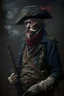 Placeholder: 70 years old victorian bloodborne soldier with a musket, bandana and scally cap and a ciggarette