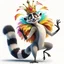 Placeholder: King Julian from Madagascar movie dancing and saying 'I like to move it, move it!' in a GIF animation, in the style of Megan Duncanson with vibrant colors and whimsy. Include the lemurs dancing with him