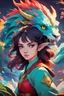 Placeholder: A dragon mixed with a mythical lion and a human female elf. Dramatic and powerful look and feel. Extensive attention to details. Bold lines. Vivid colors. 80s style retro anime art. Double exposure. cubism style. high resolution, full details