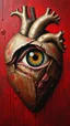 Placeholder: Bosch style painting , A 3D whole eye coming out of the middle of a rusty metallic open heart in details on red bloody background