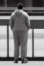 Placeholder: full figure shot back view of a fat guy , timid 45-year-old italian chubby in tracksuit, big buns, at bus stop photorealistic, ambient occlusion, sunlight