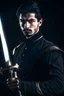 Placeholder: young european black hair adult royal guard swordsman with rapier