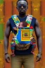 Placeholder: futuristic baby carrier in Kente, rusted clocks eyes, cinematic, scaffolding, ghana flag, african pattern symbols, black star, engraved, 8k quality