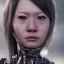 Placeholder: portrait closeup face half hitomi tanaka half cyborg middlecyborgs post-apocalypse in a cyberpunk city, sci-fi fantasy style, volumetric lighting, particales,highly detailed,cinamatic, deep colours,