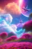 Placeholder: digital illustration, a world full of life divine thrill of biological tranquil sky, flowers, spaceship, , bright color splashes, high detailed 8 k