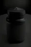 Placeholder: Black protein powder container, lid is not fully closed, screw lid, round container, black studio, black background, dark setting, no labels on the container, very detailed, realism, high quality