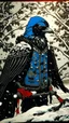 Placeholder: A contemporary serigraphy portrait by Kuniyoshi and Kunisada of a crow adorned in a punk leather jacket within a snowy Christmas atmosphere.