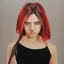 Placeholder:  100 % modern conceptual art, realistic portrait oil painting by Jen Mann, of a beautiful 18 year old woman , front view centered 3/4 figure symmetrical and cinematic side lighting, red rimmed eyes with dark cir precise brushstrokes and subtle blended variations in skin color temperature, perfectly proportioned female figure elegantly posed and wears contempory casual clothes, short tangled hyper-realistic detailed jet-black hair with bangs! Perfectly symmetrical facial features ,cgsociety,