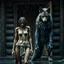 Placeholder: front of the camera in rain stands a very sad thin , short anthropomorphic wolf-female her full body covered with wolf fur, she wears a short rag around her waist , an tall anthropomorphic wolf-man stands behind at the door in a wooden house, dark deep colors, sharp focus, rainy day, high contrast, high detail, atmospheric, dark fantasy, sci-fi Masterpiece