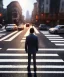 Placeholder: man standing in pedestrian crossing in busy city, pondering the world, close up, facing away, many people walking around him