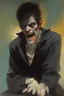 Placeholder: oil painting by Frank Frazetta - a vampire/werewolf hybrid, male, A horribly disfigured and ugly, putrid and disgusting, revolting and deformed, young, nosferatu, detailed, horrific ulcers, dark room, hood, scars, black track suit, scab, black hair - Sun flares, sunbursts - a colorful gradated multicolored, dark red and light red background