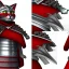 Placeholder: Chat, Modélisme trois dimensions, anthropomorphique, habillé comme un samurai, armure rouge et argent très détaillée, réalisme