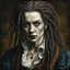 Placeholder: colored etching of a raggedly dressed, malevolent, predatory French female vampire , with highly detailed beaded dreadlock hair and facial features ,in the style of Rembrandt, Gian Lorenzo Bernini, Johannes Vermeer, and Ann Chernow, with a fine art aesthetic, highly detailed , realistic , 4k UHD cinegraphic quality