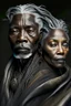 Placeholder: a photo of an African man and woman with ethnic jewelry, grey hair and grey flowing robe, in style of Annie Leibovitz, contemporary portrait of a mature yet beautiful and modernist, black and grey, detailed face, swirling fluid smokey enigma, award-winning artwork