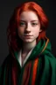 Placeholder: A pretty girl with red hair and green eyes and she is wearing a Hogwarts robe