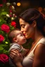Placeholder: A mother holding a baby with love and compassion, great quality picture show flowers in the background in a romantic scene